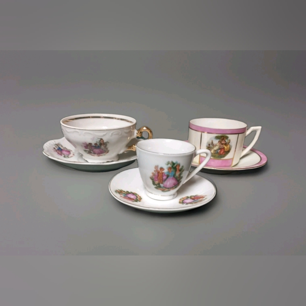 3 Sets Victorian/Courting Couple Tea Cup & Saucers  Pink, Gold, White